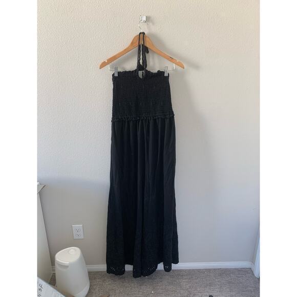 By Anthropologie Strapless Eyelet Jumpsuit Sz Medium Black‎ Chic Beach Pull On - Picture 6 of 10